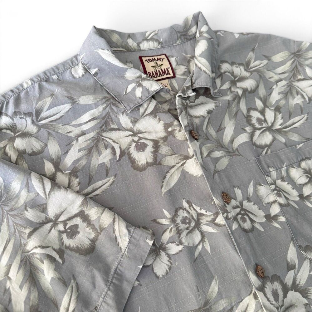 Tommy Bahama Hawaiian Silk Shirt Men L Green Floral Button Up Camp Loop Collar